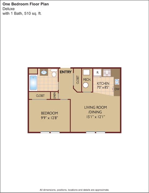 Floor plan for 1 bed, 1 bath, 510 sqft